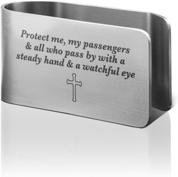 PUVOXHO Protect Me My Passengers and All Who Pass by Engraved Stainless Steel Car Visor Clip, Reminder to Stay Safe, Safe Driving Religious Gifts for Family Friend Taxi Driver, New Driver Gifts - Image 1